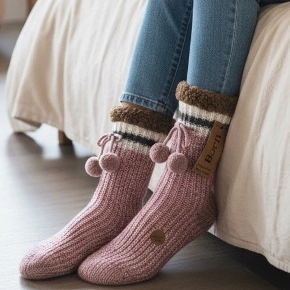 Born Women's Sherpa Lined Slipper Socks - Shoe Size 4-10 Mauve / Cocoa /Pom  NWT